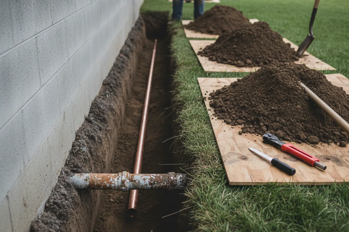 Excavated water line trench during Sewer Line Repair in Elliottsburg